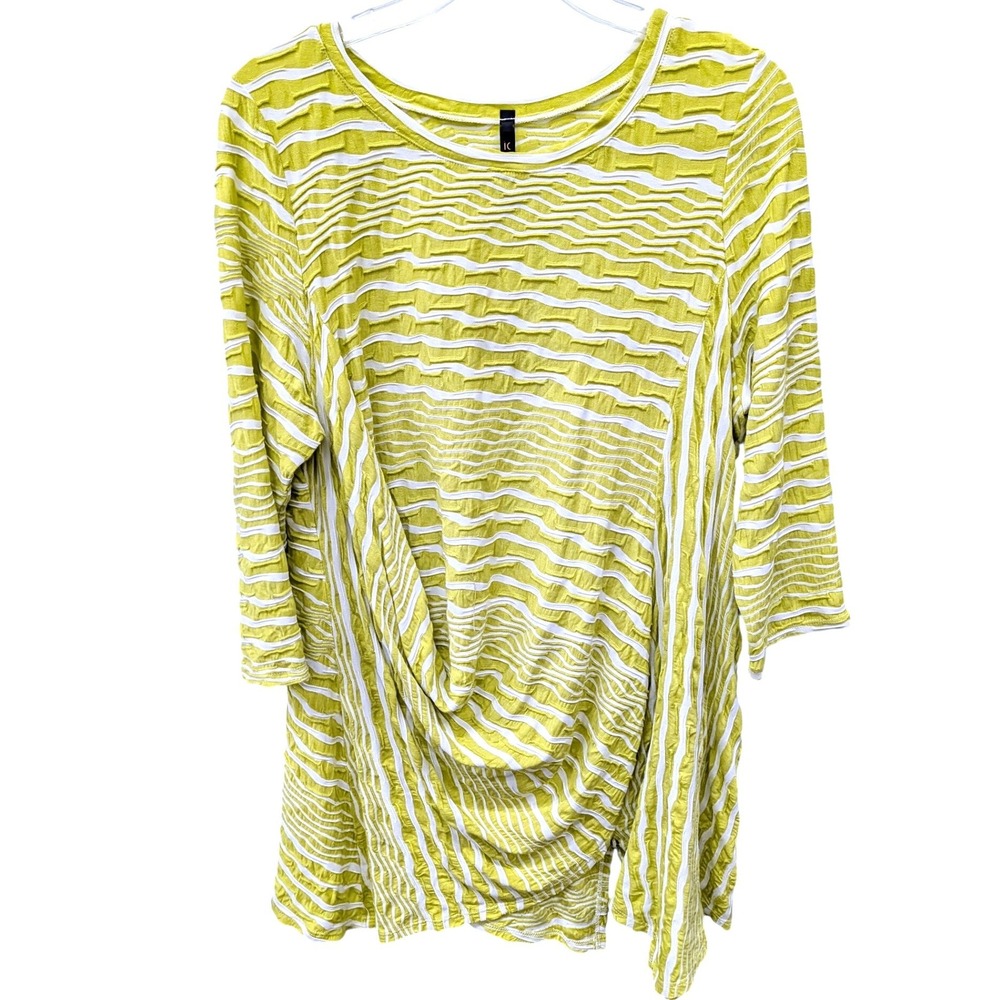 IC by Connie K Lime Green Textured Stripe Draped Tunic Top Wearable Art- L